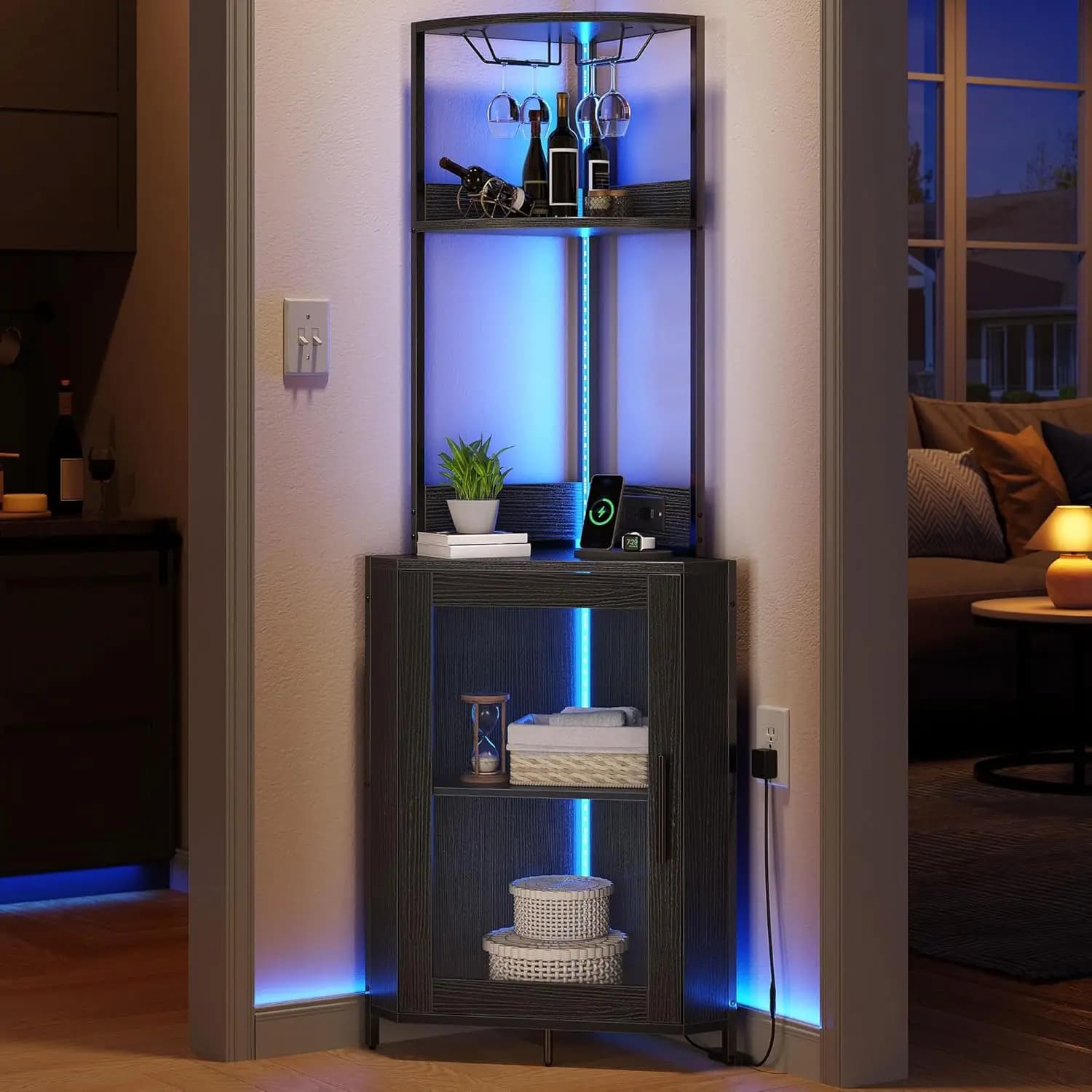 Mobile Bar Angolare con Prese Elettriche e Luci LED, Mobile Bar Angolare con Portabicchieri, Mobile Bar per Liquori a L