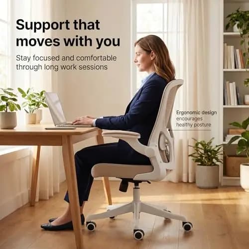 Sedia da ufficio ergonomica con schienale alto, supporto lombare regolabile, braccioli ribaltabili, sedile imbottito spesso e rotazione a 360 gradi