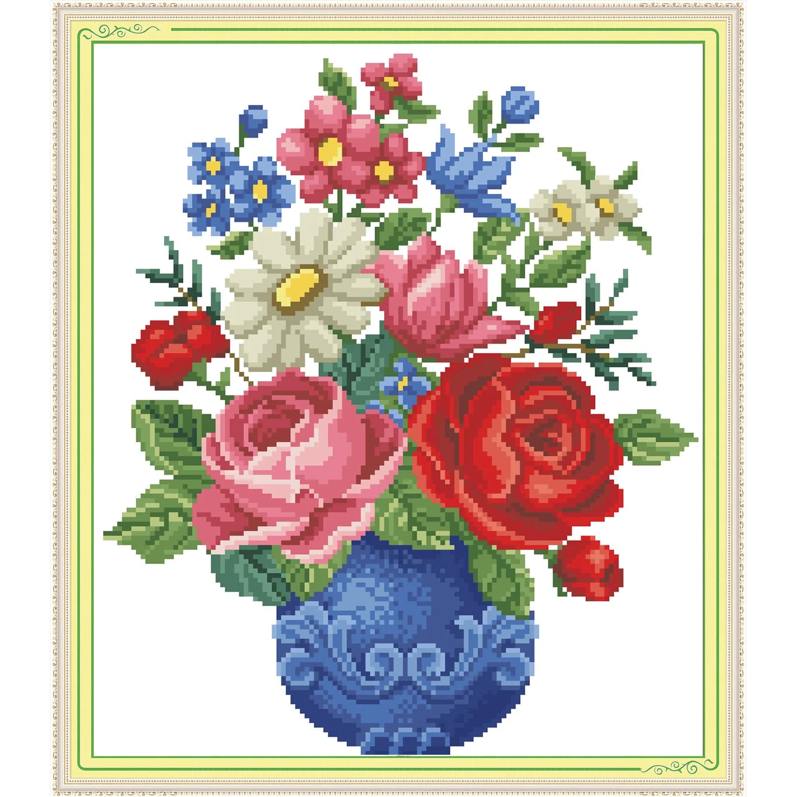 Blue Bottle And Rose, Cross Stitch Kit, DIY Printed Embroidery Small Painting, Simple Embroidery Suitable For Novice Needlework