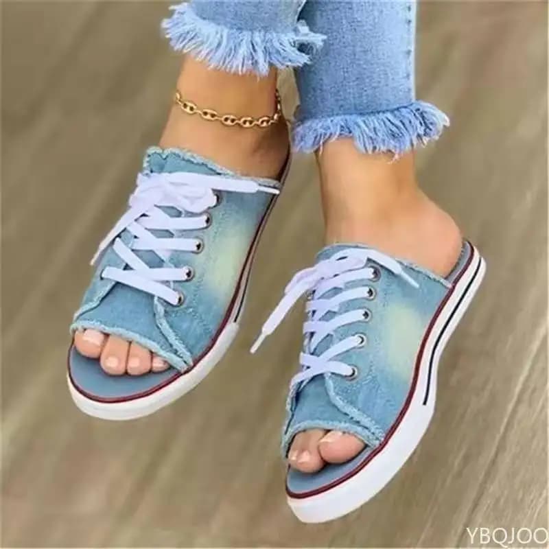 2022 moda donna sandali di tela pantofole estive traspiranti Lace Up Open Toe Ladies Faux Denim scarpe basse Zapatos Mujer
