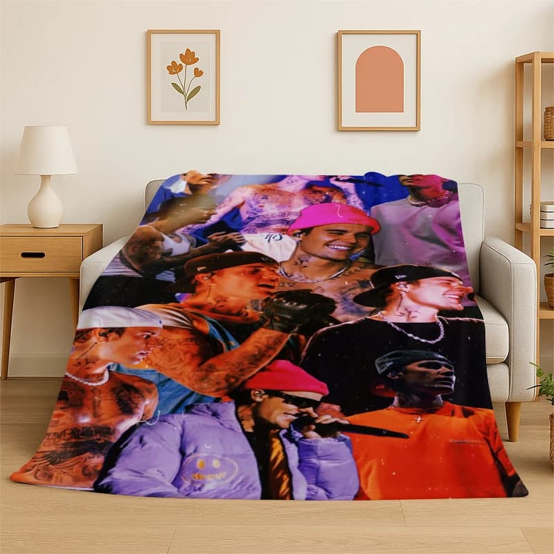3D Justin Bieber Singer Star Flannel Blanket Soft Warm Throw Blanket for Bedroom Living Room Bed Travel Camping Picnic Gift
