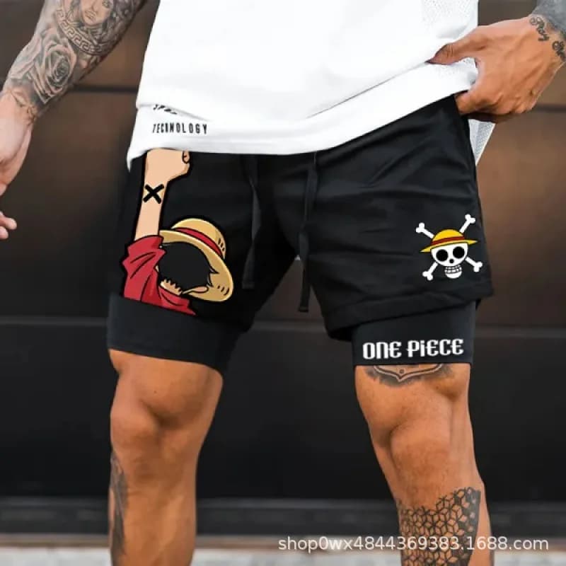 2 in 1 men's bath shorts Rufy with 3D printing of a piece with compression Double layer running beach shorts for quick drying swimming
