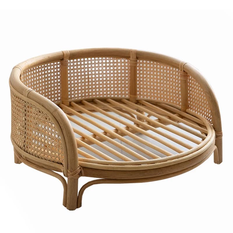 Cuccia Rotonda Universale per Cani e Gatti in Canna e Rattan Fatta a Mano con Cuscino per Tutte le Stagioni