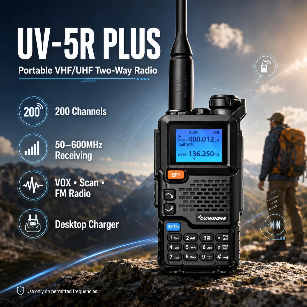 QUANSHENG 5RPLUS Air Band Walkie Talkie Wireless Copy Frequency Meter Type-C Charging NOAA Multi-Band Portable Two Way Radio UV