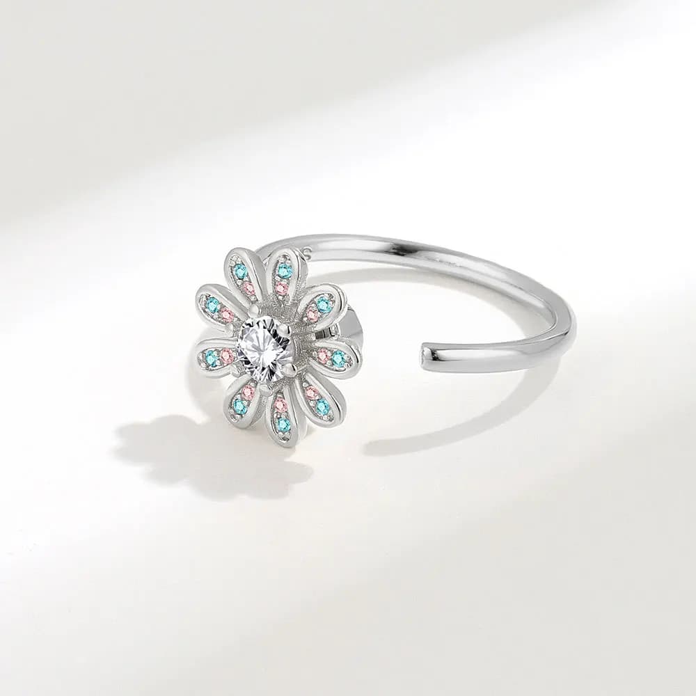 Anello ansia girasole Anello in metallo rame per ragazze Fidget Spinner Fiore girevole in cristallo colorato Accessori per le mani antistress