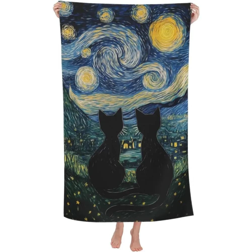 Telo Mare Artistico Gatto Nero, Fantasia Animale Carina, Asciugatura Rapida, Assorbente, Grande, Anti-Sabbia, Essenziale per Viaggi, Piscina e Bagno