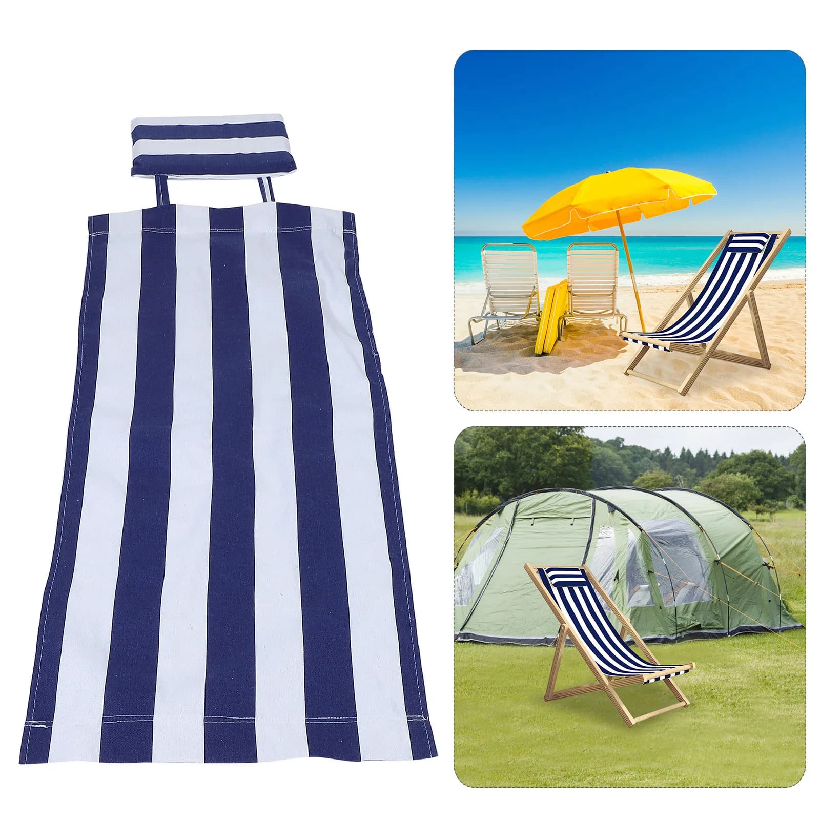 Folding Beach Chair Replacement Fabric: Blue Stripe Lounge Chair Cloth With Pillow For Outdoor Camping Patio Garden
