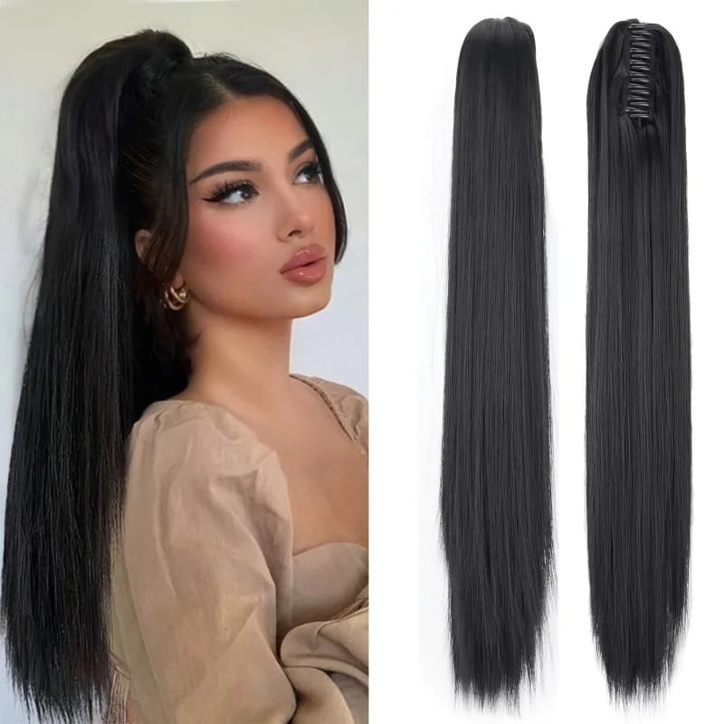 Women's long straight hair -on wig, claw clip style synthetic fiber ponytail