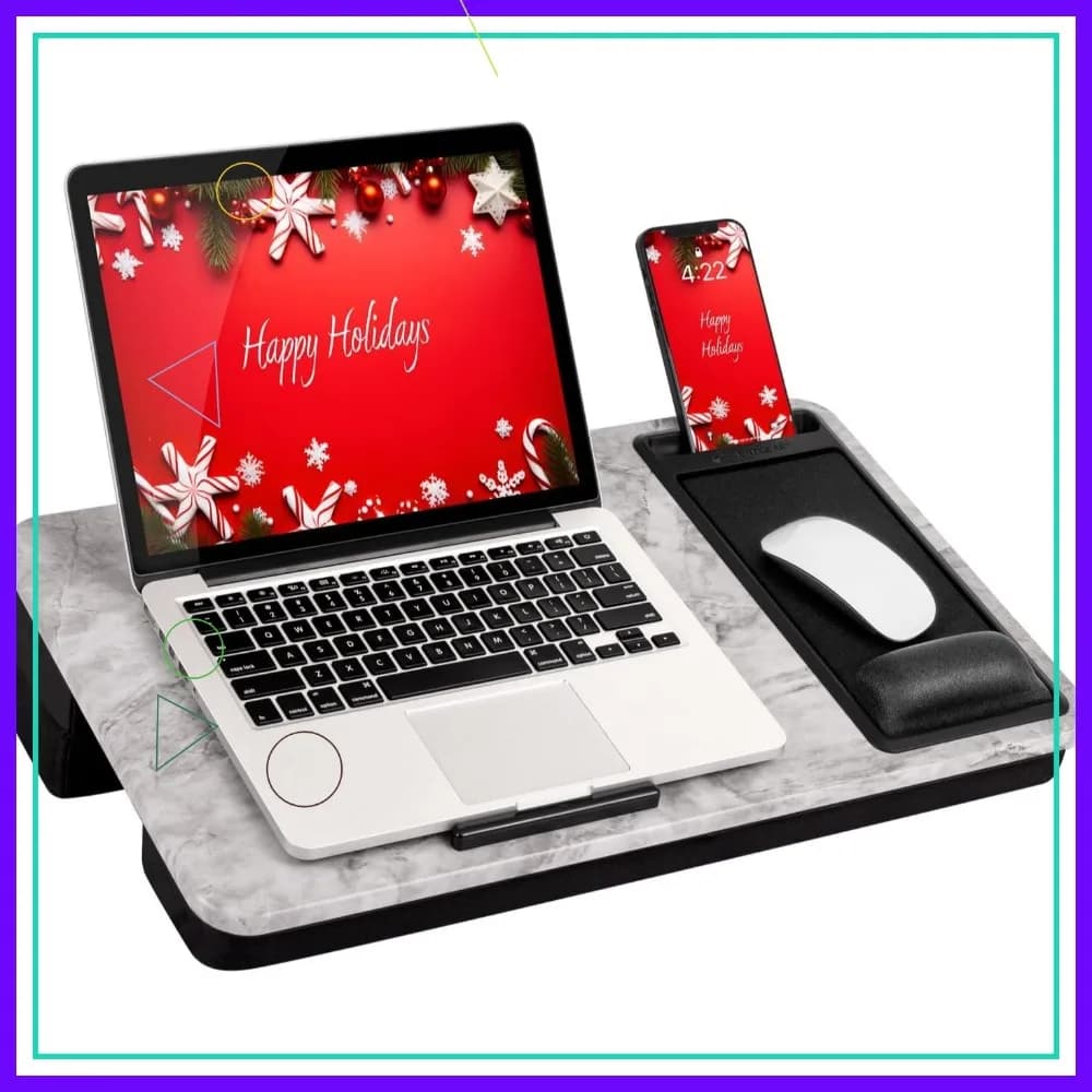 Scrivania extra large regolabile con poggiapolsi in gel, tappetino per mouse, supporto per telefono - Marmo bianco per laptop fino a 17,3 pollici