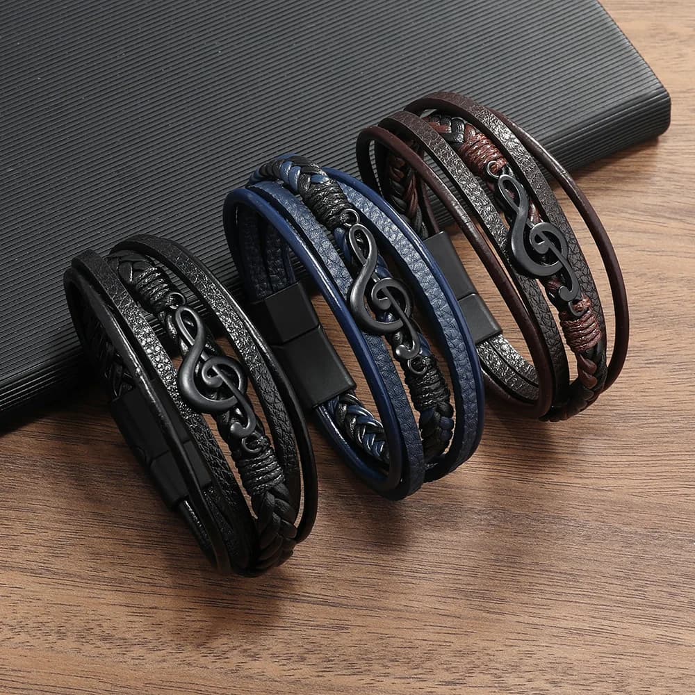 Bracciale in Pelle con Simboli Musicali per Uomo, Bracciale Vintage Creativo, Bracciale Semplice in Pelle Multistrato con Simboli Musicali