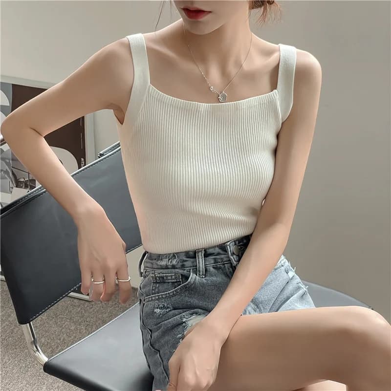 Estate Primavera Canotta Top Donna Senza maniche T-shirt lavorate a maglia Crop Top Donna Elastico Sottile Casual Gilet Pullover Camis e carri armati