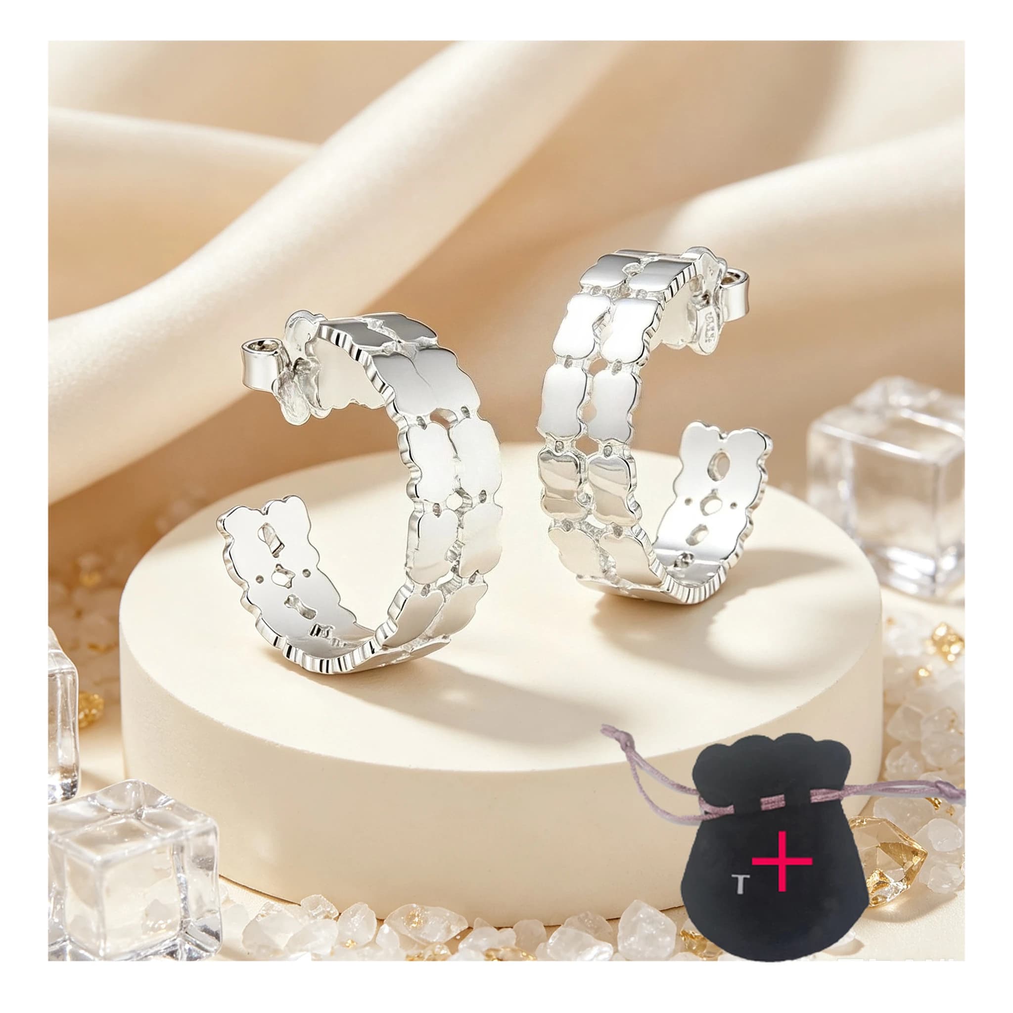 Shiny Silver C-Shaped Hoop Earrings Interconnected Cute Bear Pattern Minimalist Women Jewelry Daily Look Holiday Birthday Presents