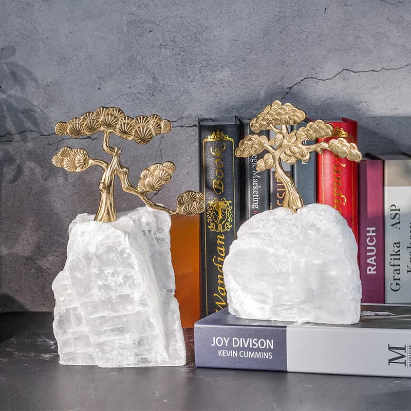 Metallo Ottone Ornamento artigianale Pino Minerale di cristallo Base Simulazione Pianta Scultura Figurine decorative Accessori decorativi