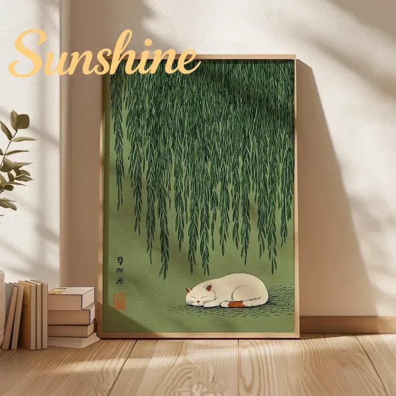 (No frame)1pc Japanese Cat Under Willow Tree Poster, Unframed Green Nature Cat Wall Art Poster for Living Room and Bedroom De