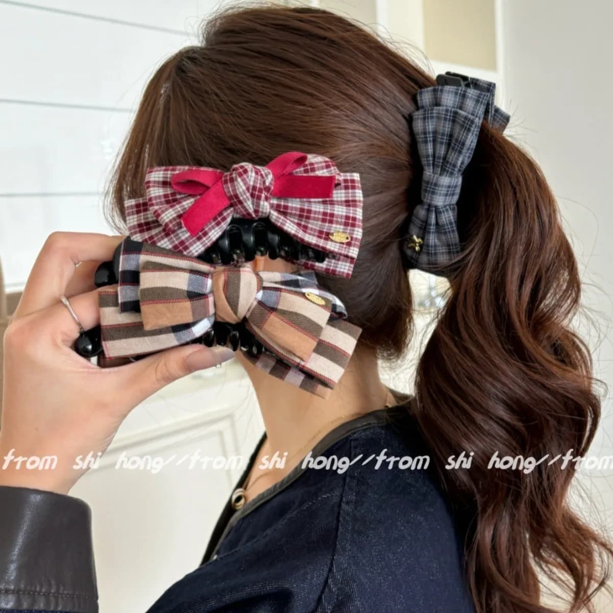1pc/ Korean College Style Classic Plaid Bow Banana Clip Retro Checkered Hair Clip for Women Low Ponytail Back Hair Clip