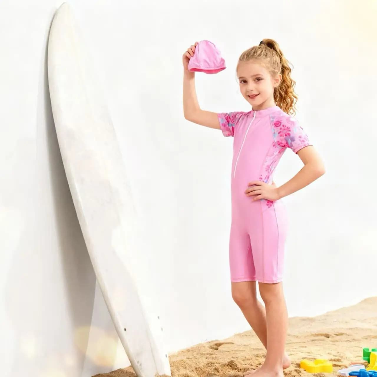 Pink swimsuit for girls, fast-drying surf shorts, small and medium size baby surf hat