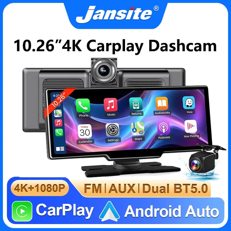 Dash Cam 4K da 10,26 pollici con Wireless Carplay, Android Auto, GPS, Monitor per Auto, DVR con Doppia Lente e Registrazione Video