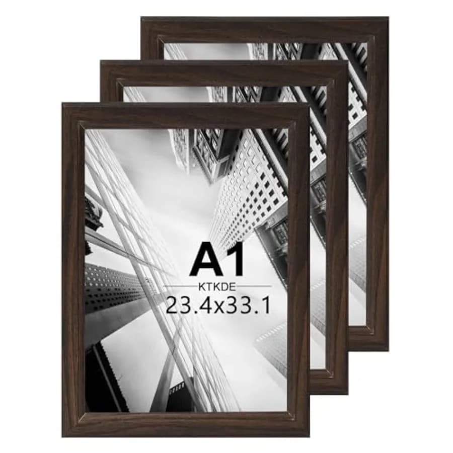 Set di 3 Cornici A1, Cornice per Poster 23,4 x 33,1 Pollici in Legno di Noce - Orizzontale o Verticale da Appendere a Parete per Casa, Esposizioni
