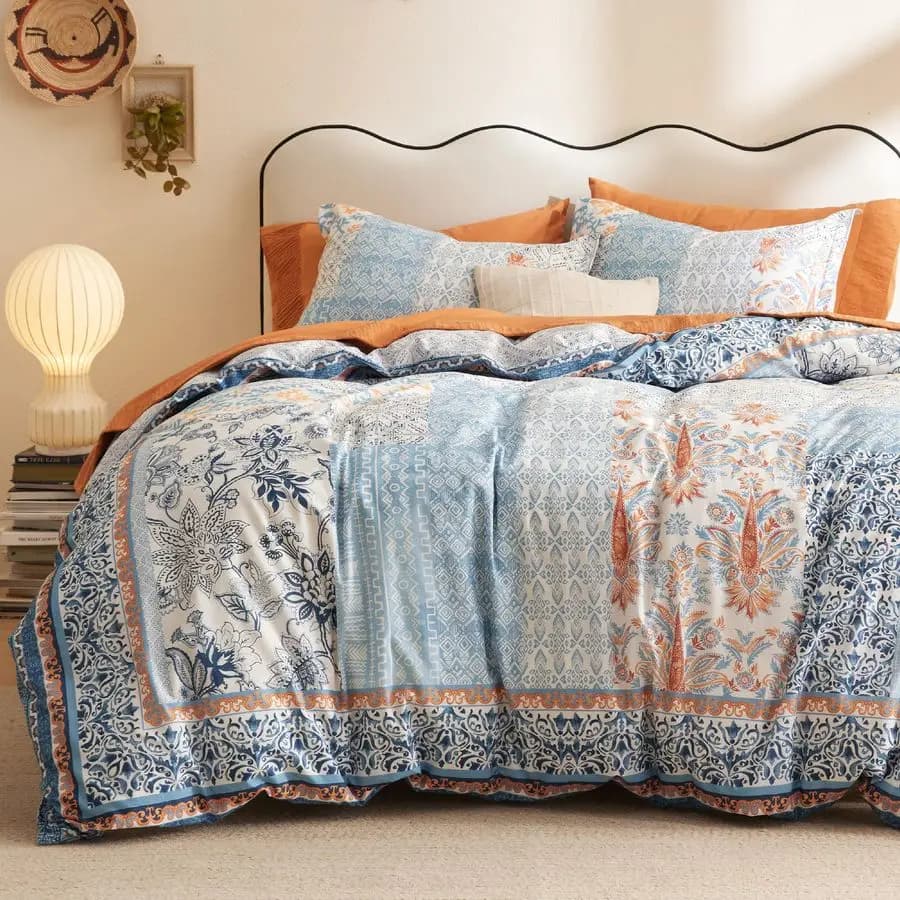 Queen Size 100% Cotton Reversible with Floral Pattern, Queen Cover Set with Hinge Closure, 3 Soft and Breathable Boho Style
