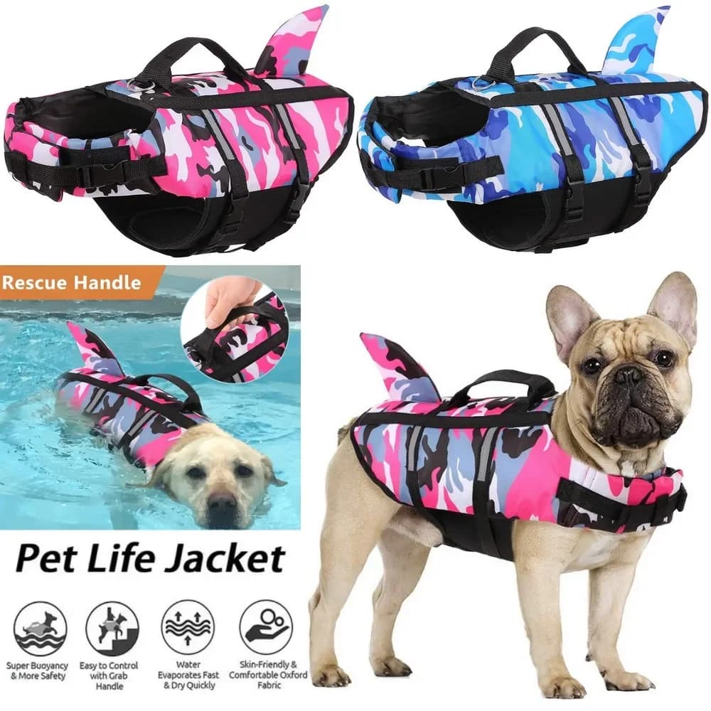 Giubbotto di salvataggio per cani da compagnia Gilet Abbigliamento Gilet di salvataggio Collare Imbracatura per cani da compagnia Nuoto Costumi da bagno estivi Vestiti mimetici per cani squalo