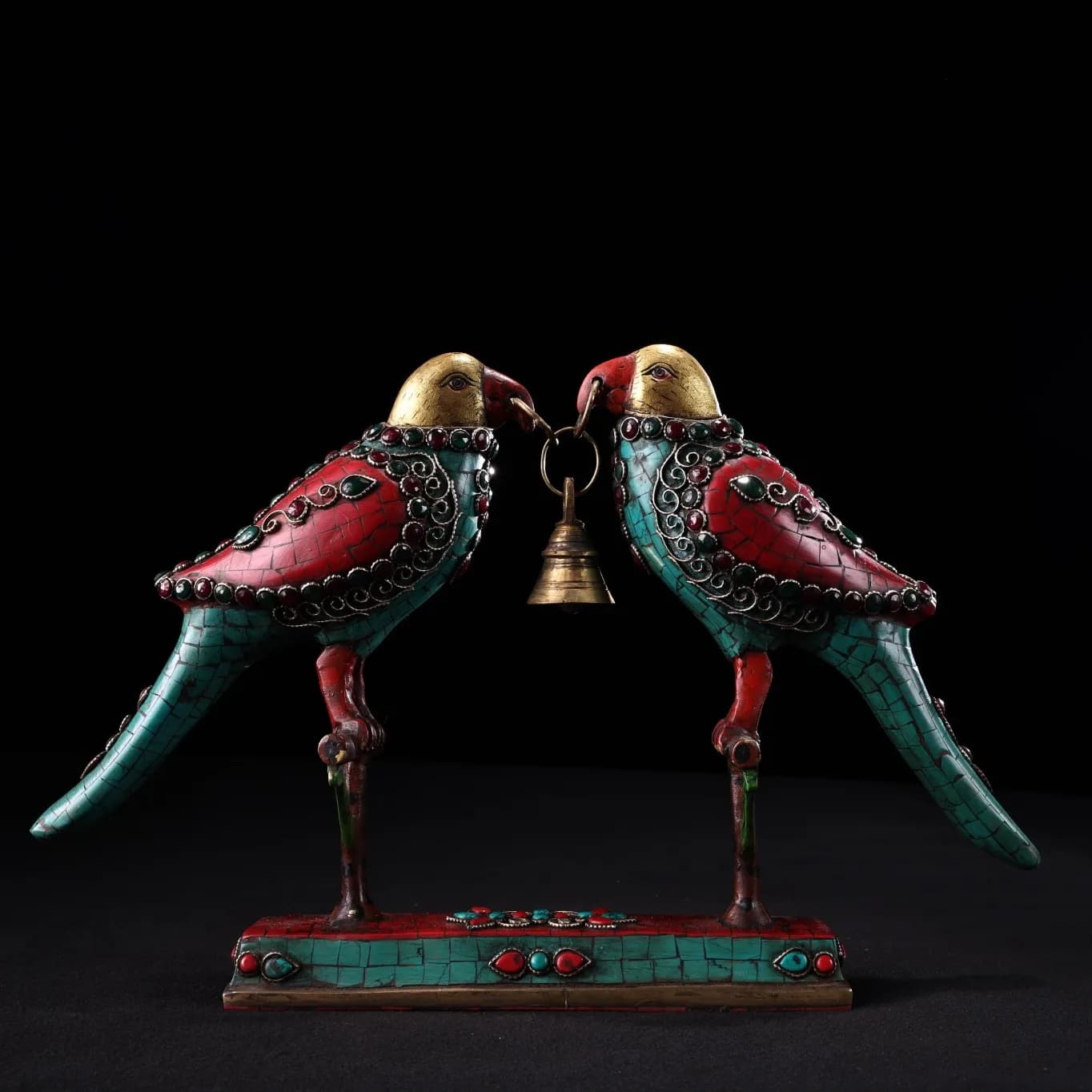 14"Temple Collection Old Bronze Outline in gold Mosaic Gem Turquoise Magpie A pair Wind chime Buddha Bell Worship Hall