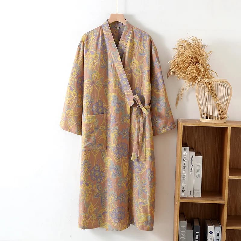 Women's Printed Cotton Loose Fitting Bathrobe Japanese Style Kimono with belt Bathrobe Sweat Steaming Cotton Pajamas Robes Women