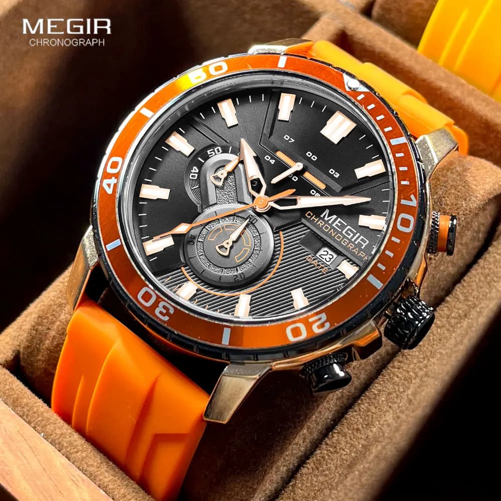 MEGIR Orologio sportivo arancione da uomo, cinturino in silicone impermeabile, cronografo, orologio da polso al quarzo con data automatica, lancette luminose