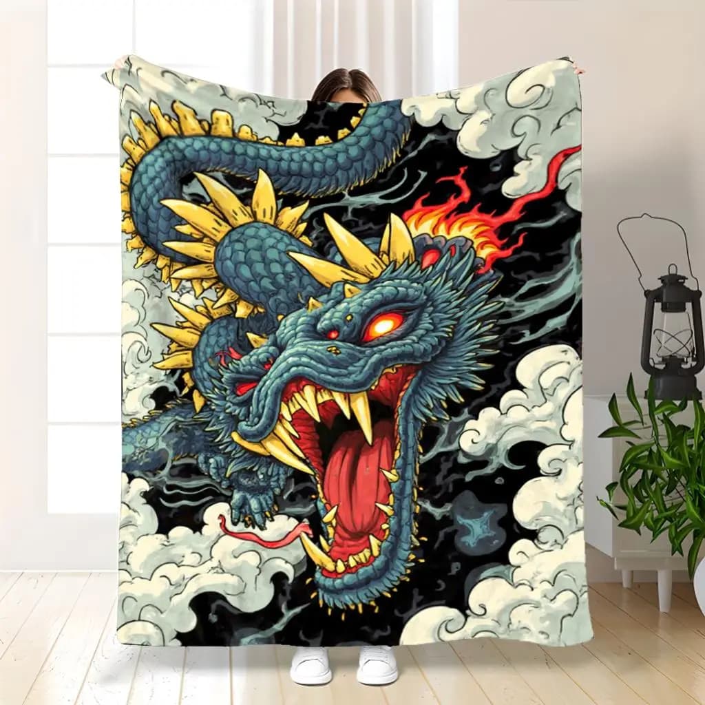 Mythical Serpent Blanket - Vibrant Blue Dragon with Fiery Red Flames, Reversible Flannel for All Weather Use