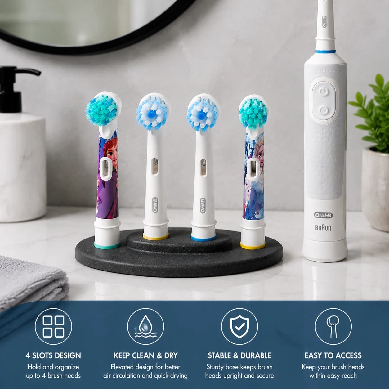Electric Toothbrush Head Holder, 4 Slots Brush Head Organizer Stand, Bathroom Storage Rack Compatible with Oral-B