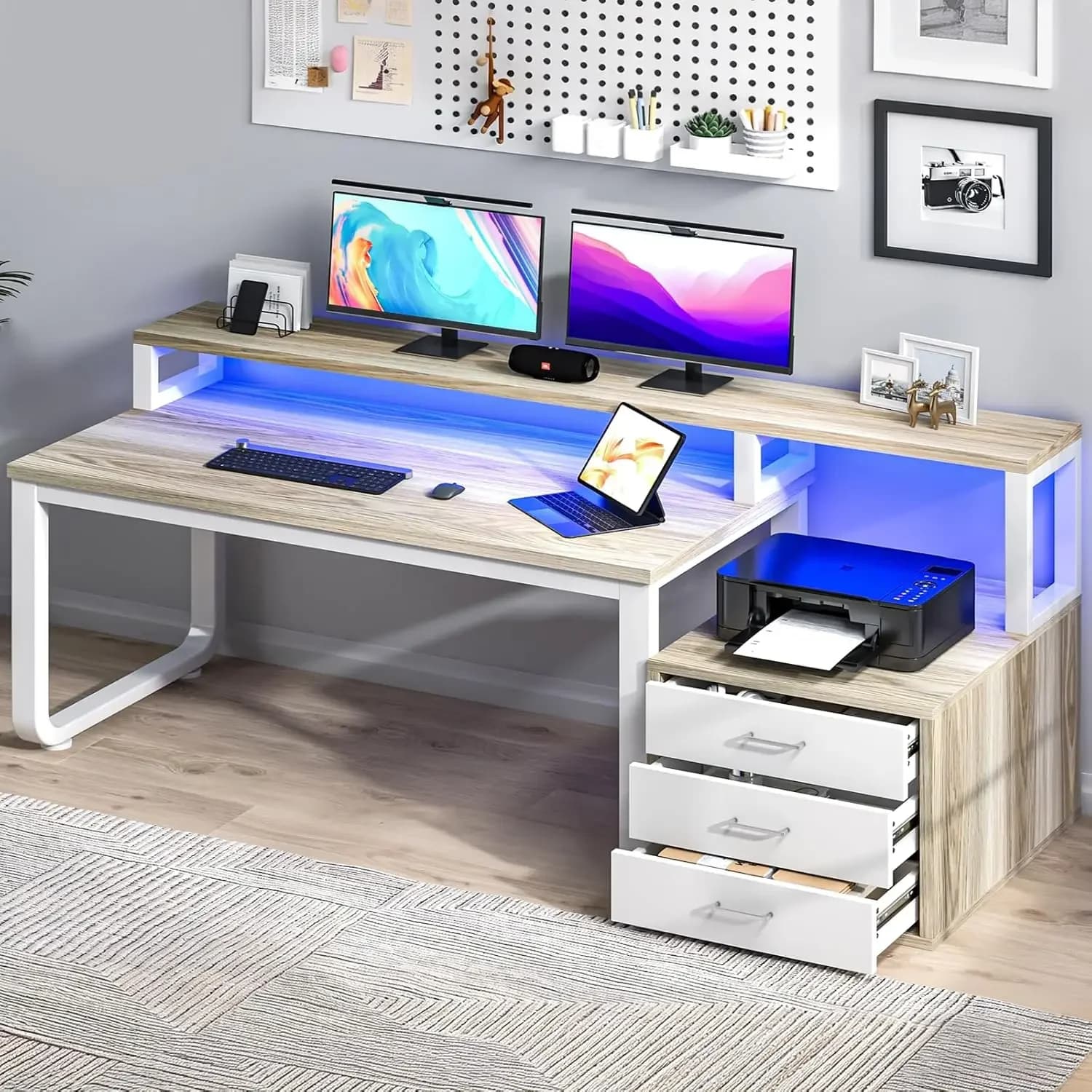 Scrivania da Ufficio 67 Pollici Reversibile con Supporto Monitor, Luci LED, Ripiano per Stampante, Bianco Noce