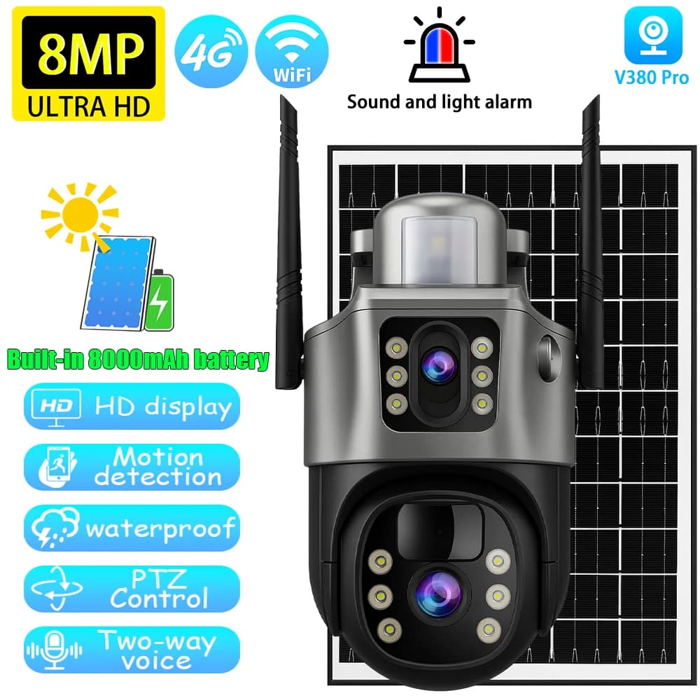 V380 Telecamera di sorveglianza con batteria incorporata solare Esterna impermeabile IP66 8MP 4K Telecamera CCTV di sicurezza IP wireless a doppia lente