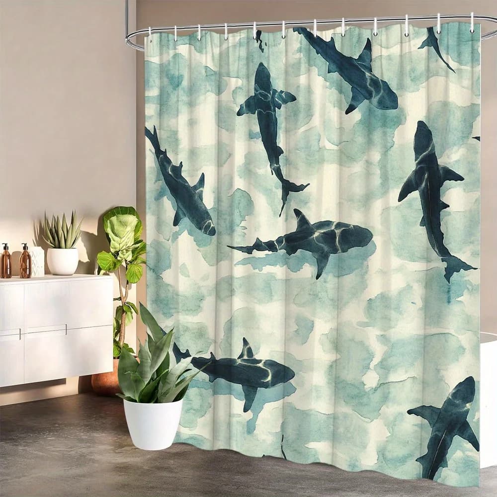 Tenda da doccia con acquarioli di squali, 1 pezzo – Squali nuotanti nell'oceano turchese, tenda da bagno con arte marina per un arredamento audace
