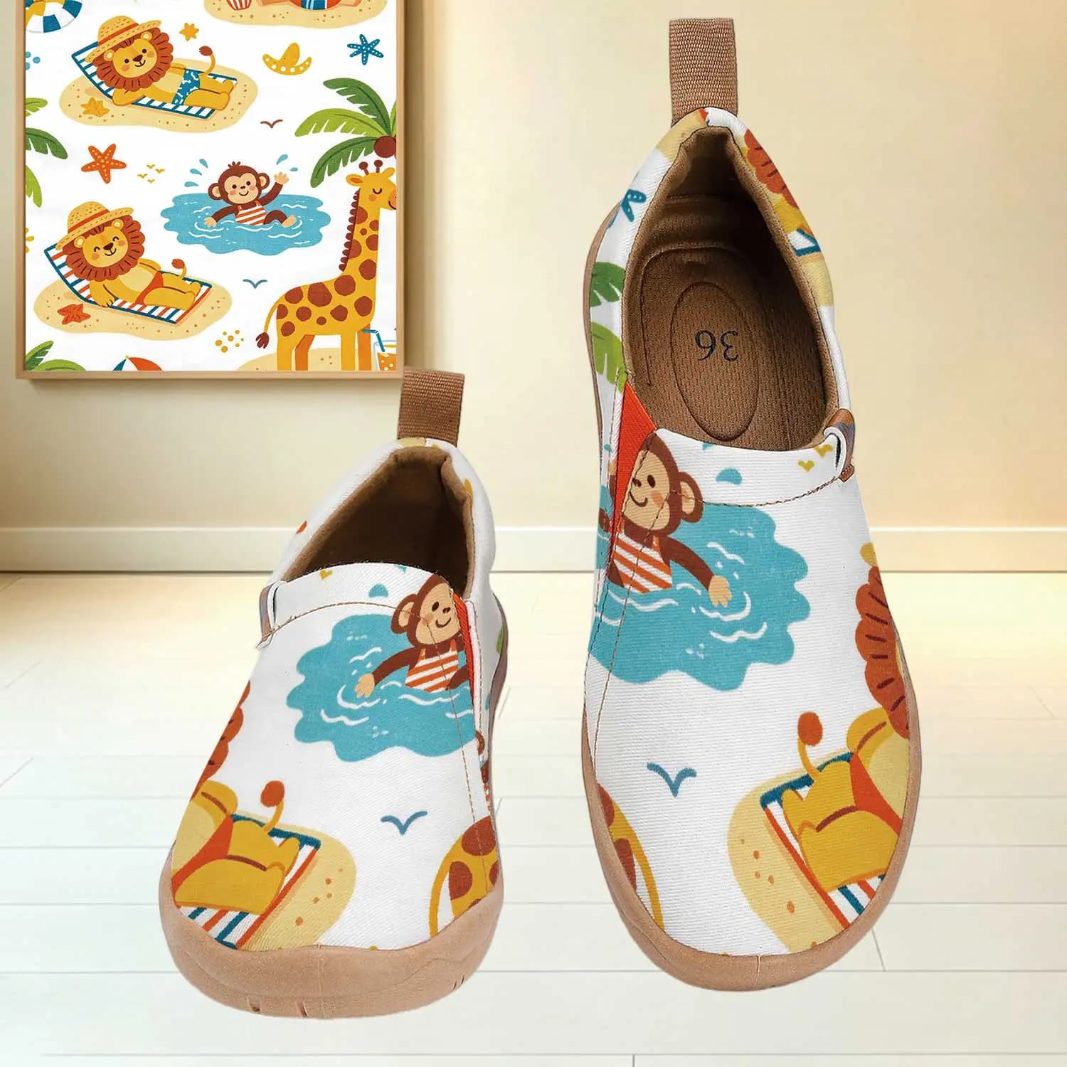 Scarpe slip-on da donna con punta larga, estive, da spiaggia, con stampa di animali dei cartoni animati, suola morbida, traspiranti, in tela, casual, da passeggio