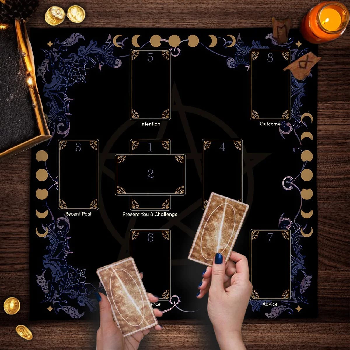 Tarocchi Tovaglia Stregoneria Astrologia Carte Oracle Pad Fasi lunari Panno per altare Gioco da tavolo Tappetino per carte Strega Decorazioni per la casa