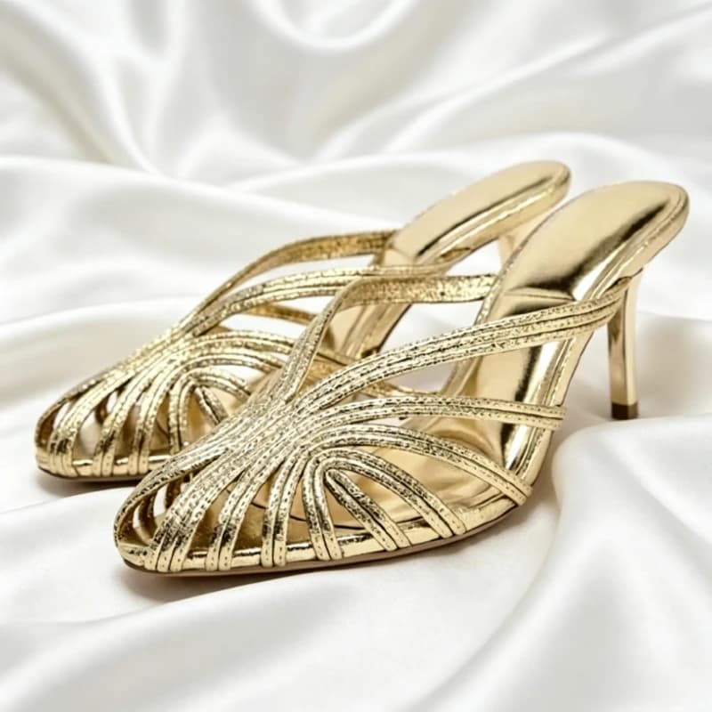 Sandali di Lusso con Tacco Dorato per Donna, Ciabatte Estive alla Moda con Cinturino Sottile e Traforato, Eleganti Scarpe da Cerimonia per Signore