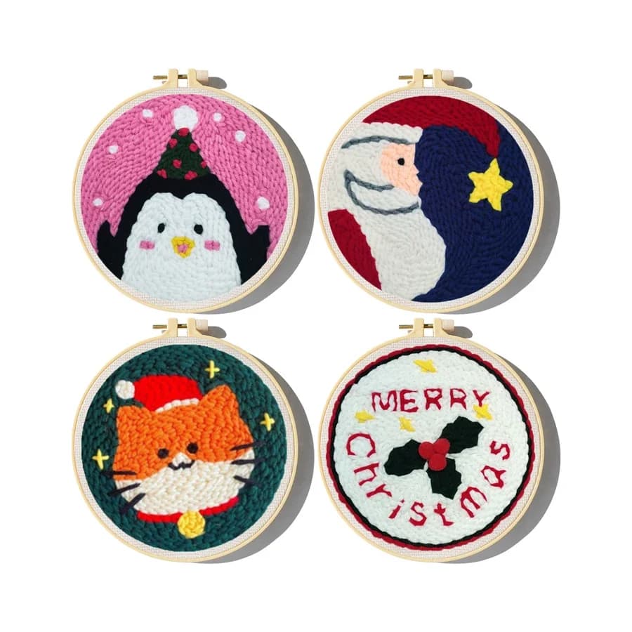 Xmas Punch Needle Embroidery Kit with Yarn for Beginners DIY Needlework Wool Work for Christmas Gift Home Decor