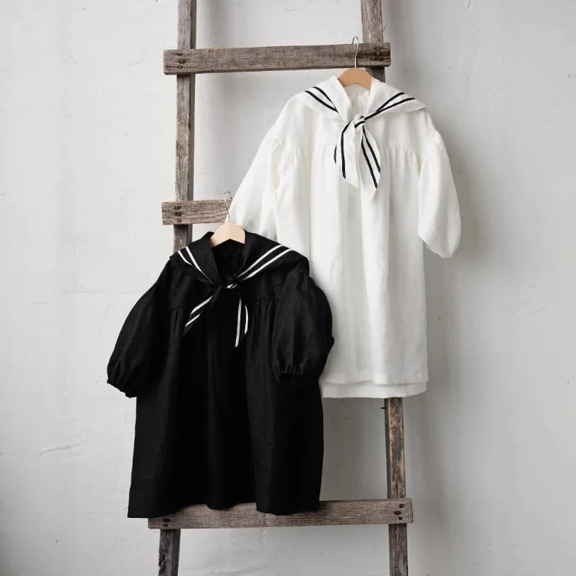 Abito in Lino per Bambine Primavera-Autunno 2026, Vestito Casual con Maniche a Palloncino e Colletto alla Marinara Britannico, Abito Americano per Bambini