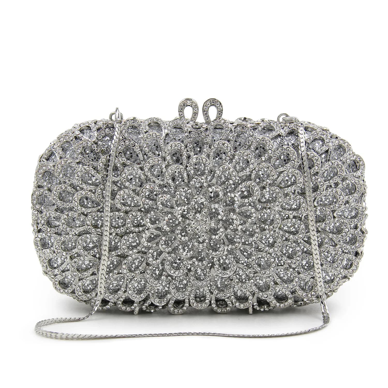 Borsa da sera cava intarsiata con diamanti intarsiati in strass con pochette opale da donna in argento all'ingrosso della fabbrica per la festa nuziale