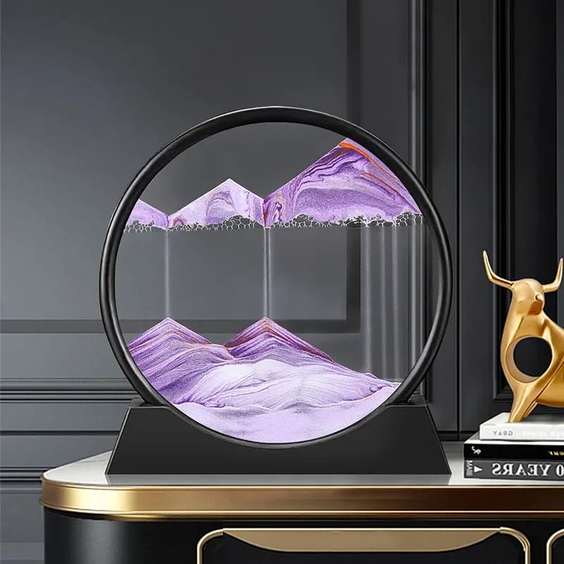 Quadro d'Arte 3D con Sabbia in Movimento, Paesaggio Marino in Vetro Rotondo, Clessidra con Sabbia Fluida, Decorazione per Ufficio e Casa, Regalo