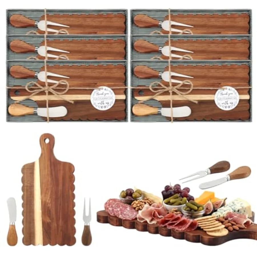 6 Set di Taglieri in Legno di Acacia per Formaggi e Salumi, con Coltelli e Forchette, Confezione Regalo per Matrimoni e Baby Shower
