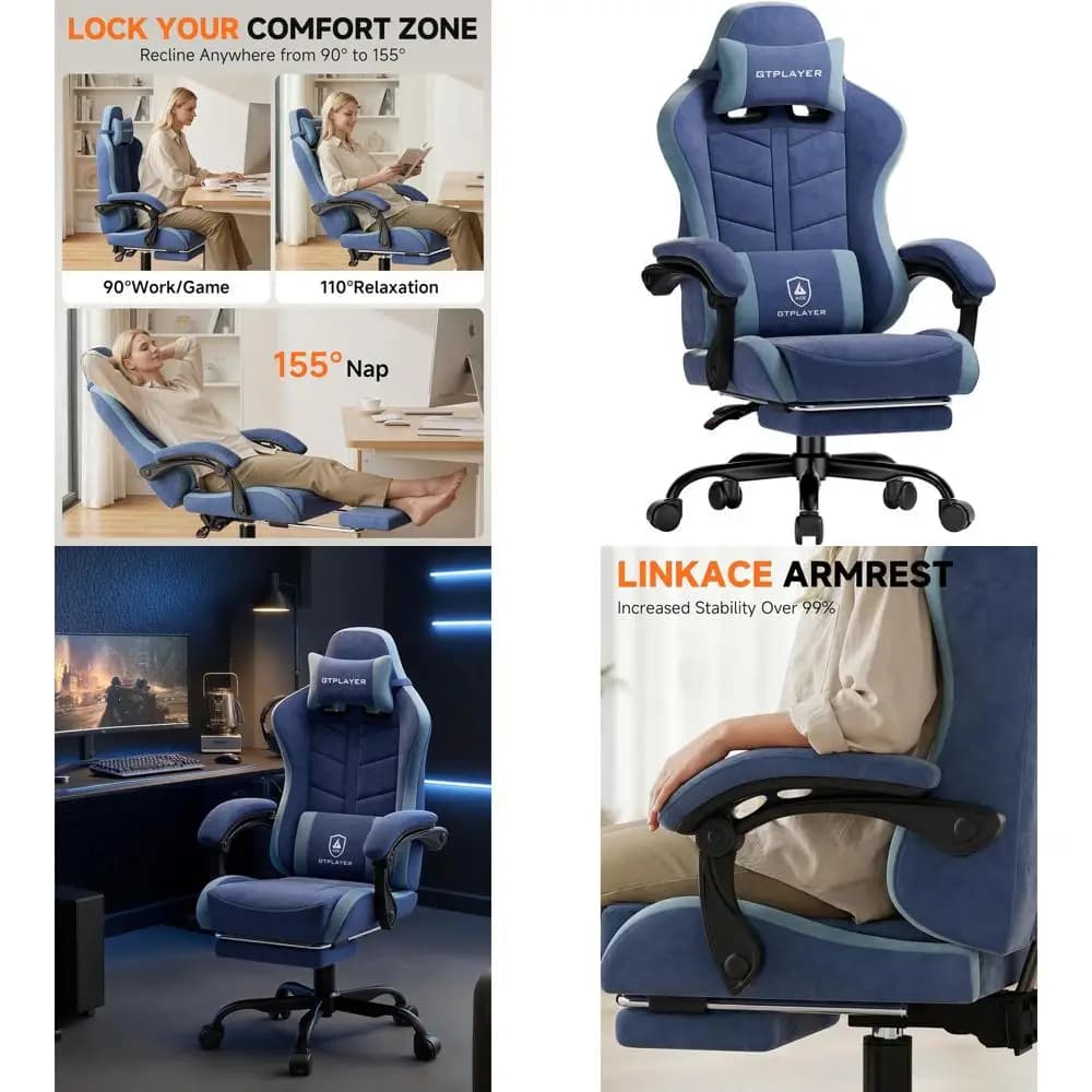 Sedia da gaming ergonomica blu per adulti con altezza regolabile, poggiapiedi, 90-155 ° Sedia reclinabile con poggiatesta rimovibile e supporto lombare