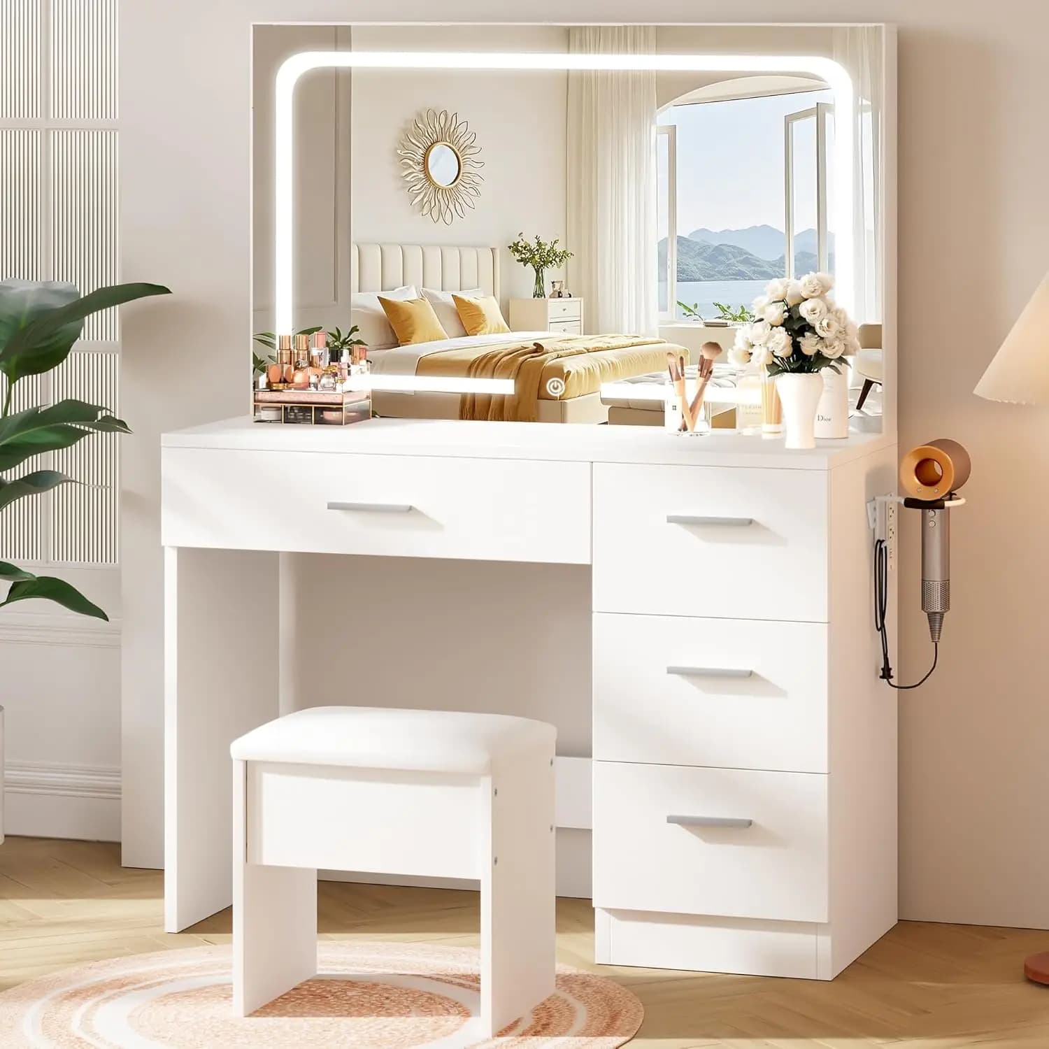 Grande Set Toeletta Bianca con Specchio LED, Sgabello, Porta Asciugacapelli, Presa di Corrente e 4 Cassetti
