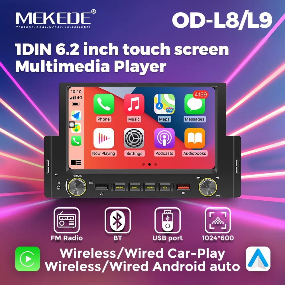 MEKEDE 1DIN touch screen da 6,2 pollici Lettore multimediale 1024*600 carplay wireless auto Android auto Sistema audio stereo per auto