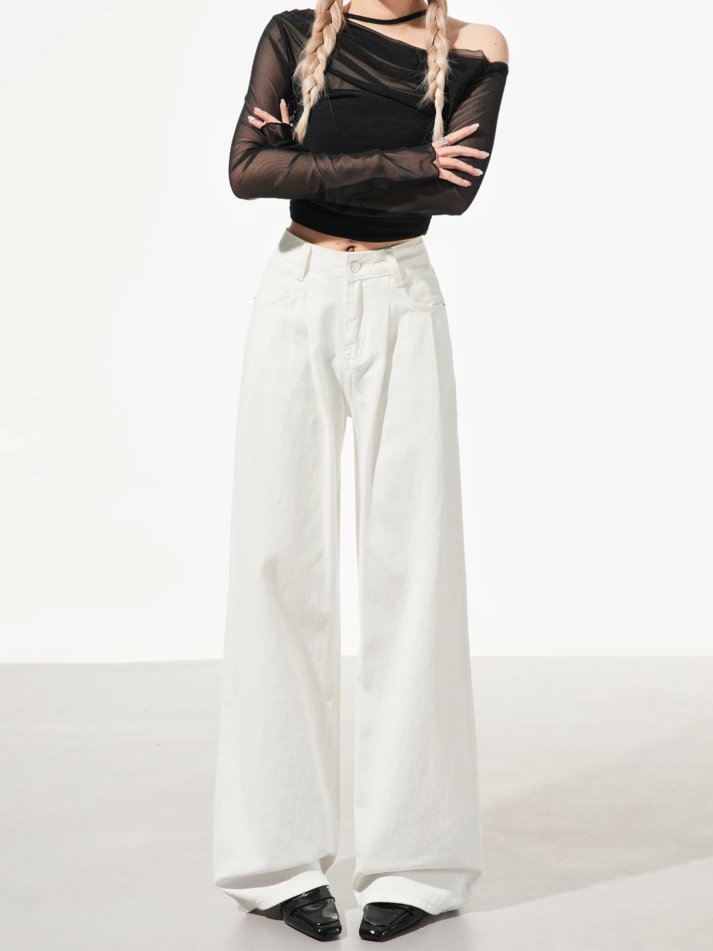 Jeans Slim Fit a Vita Alta da Donna, Taglia Piccola, Nuova Collezione Primavera 2026, Pantaloni Modellanti a Gamba Lunga, Drappeggiati, in Misto Cotone