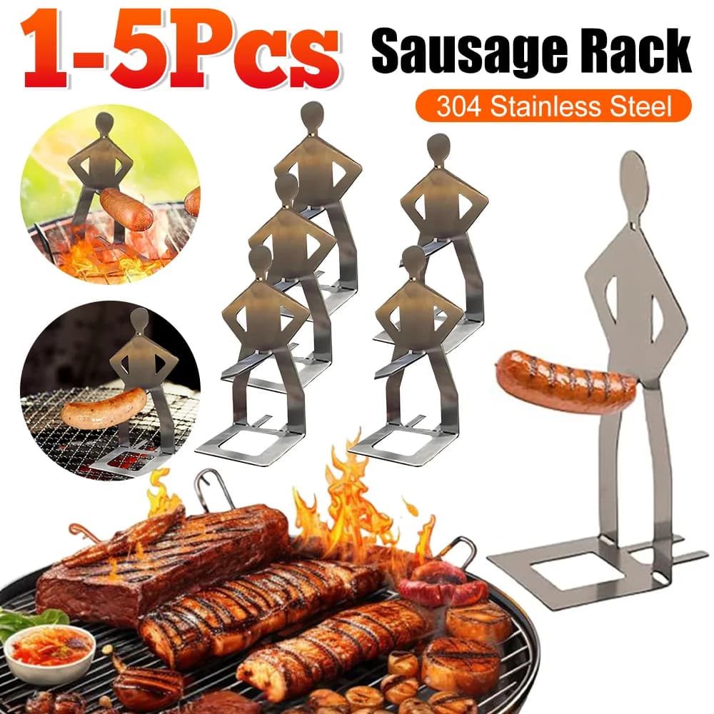 Stainless Steel BBQ Sausage Holder A Fun Gift Reusable Hot Dog Stand Standing Man Sausage Rack for Outdoor Camping