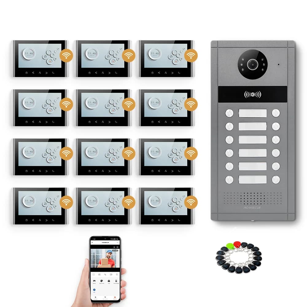 HOMSECUR Videocitofono con App Tuya, Registrazione Automatica, Accesso RFID per 12 Famiglie