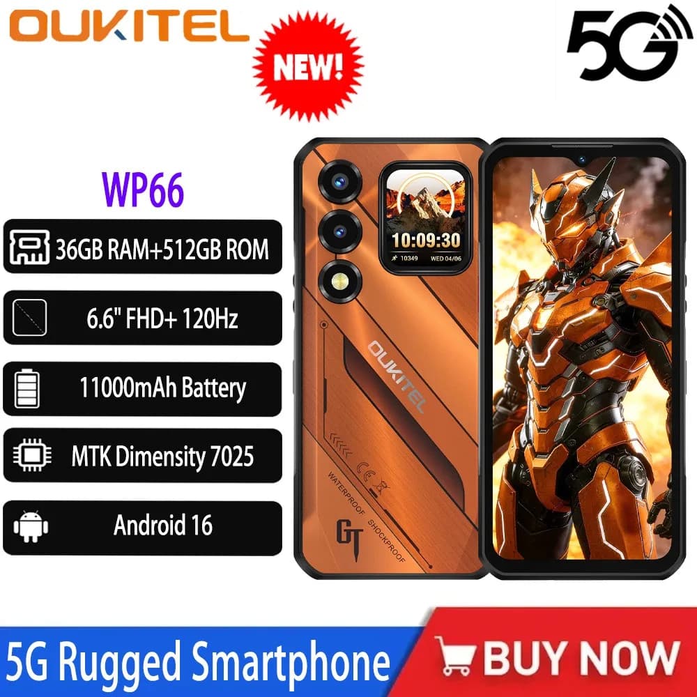 OUKITEL WP66 Smartphone Rugged 5G con Batteria da 11000mAh, Dimensity 7025 Octa-core, 36GB+512GB, Doppio Schermo FHD+ da 6.6" e 1.81", 120Hz, 108MP, NFC, GPS