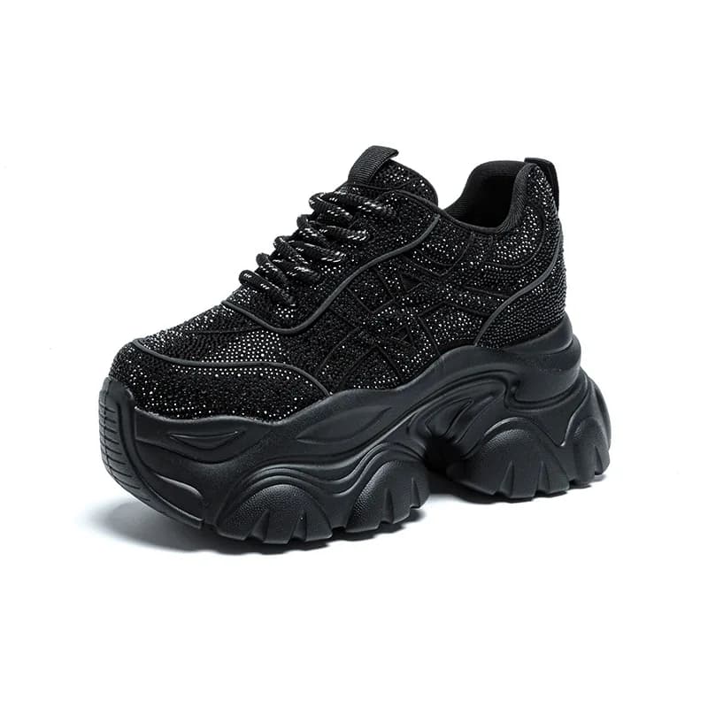 Scarpe da ginnastica da donna da 9 cm Scarpe da lavoro casual stringate primaverili che indossano scarpe con zeppa di alta marca con zeppa in cristallo argento all'esterno