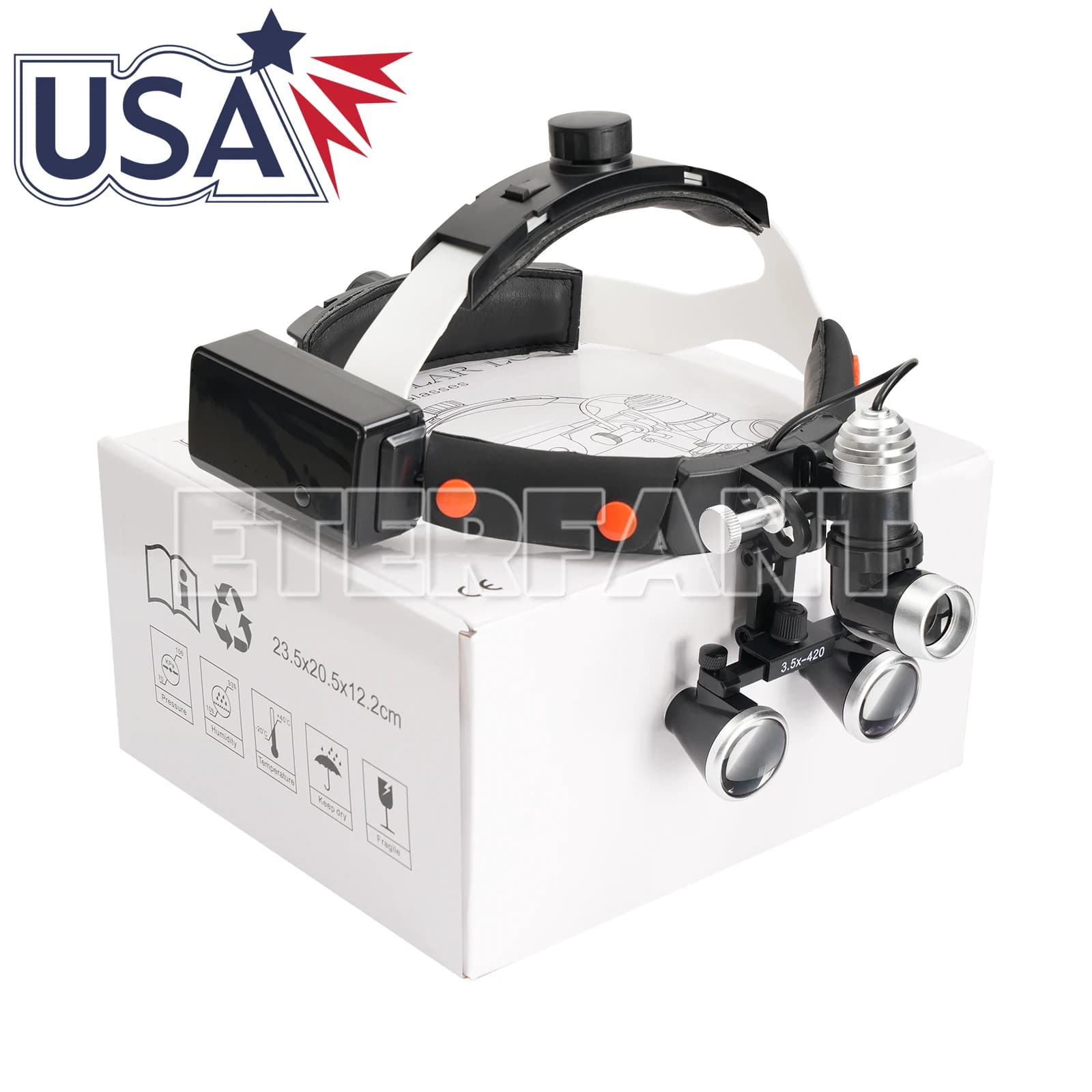 Lente d'ingrandimento binoculare chirurgica ETERFANT 3.5X da 10W con fascia per la testa, luce frontale a LED regolabile, nera