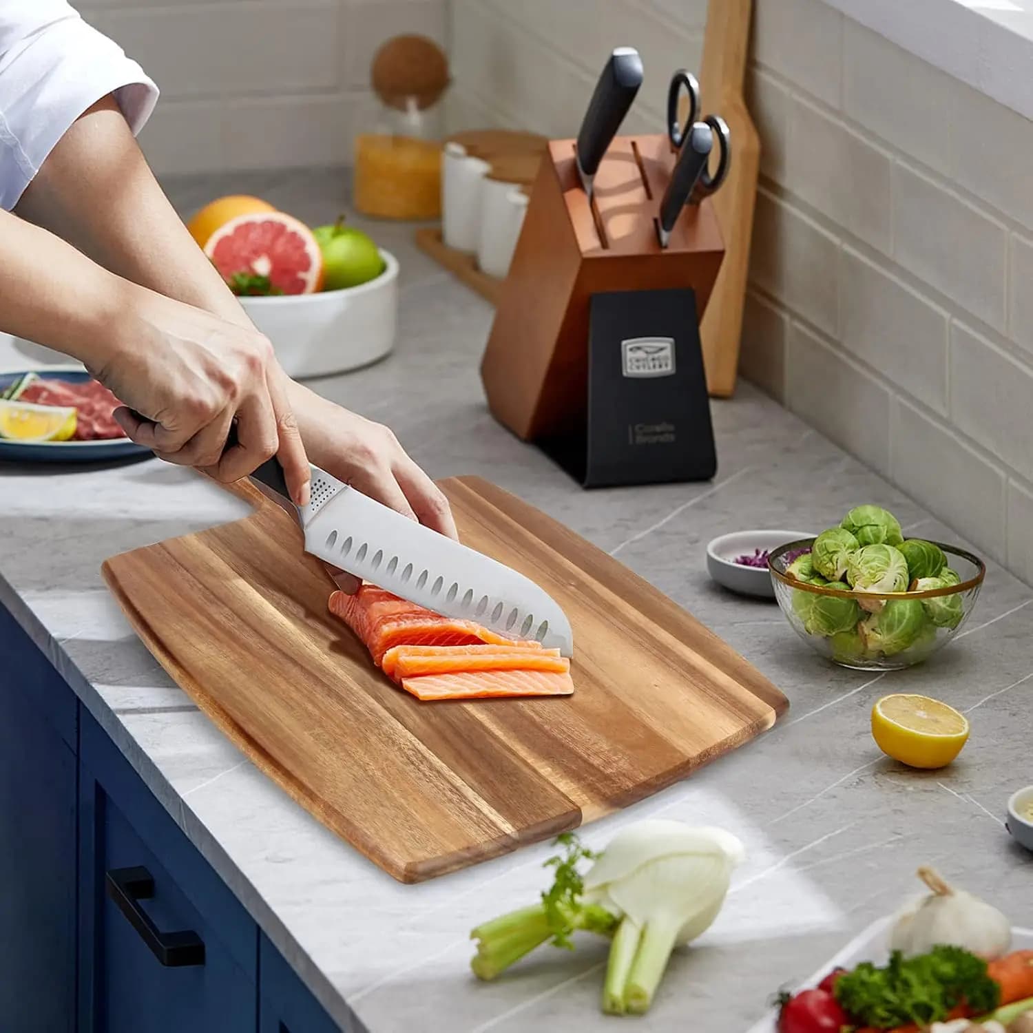 Large Acacia Wood Cutting Board With Handle Big Wooden Charcuterie Boards Butcher Block Meat Cutting Boards For Kitche